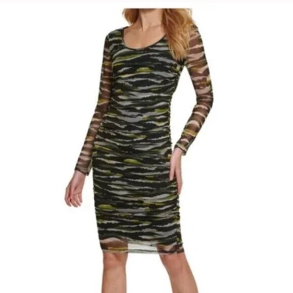 DKNY Bodycon Mesh Ruched Dress Green Black Size Extra Large NWT - Picture 1 of 11